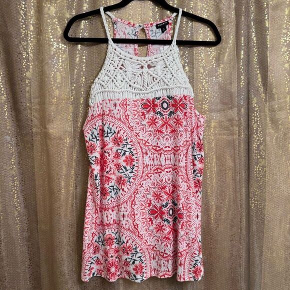 Torrid Red Ivory Knit Macramé High Neck Boho Print Tank Size 0 Large NWT - Picture 1 of 11